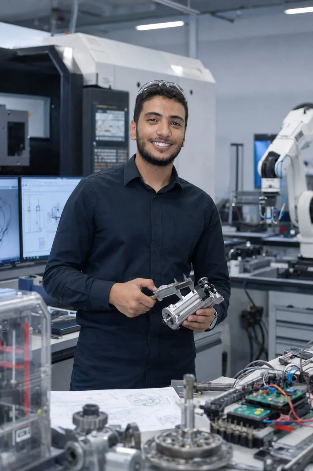 Houssem Saadaoui measuring a mechanical part with calipers in an engineering lab
