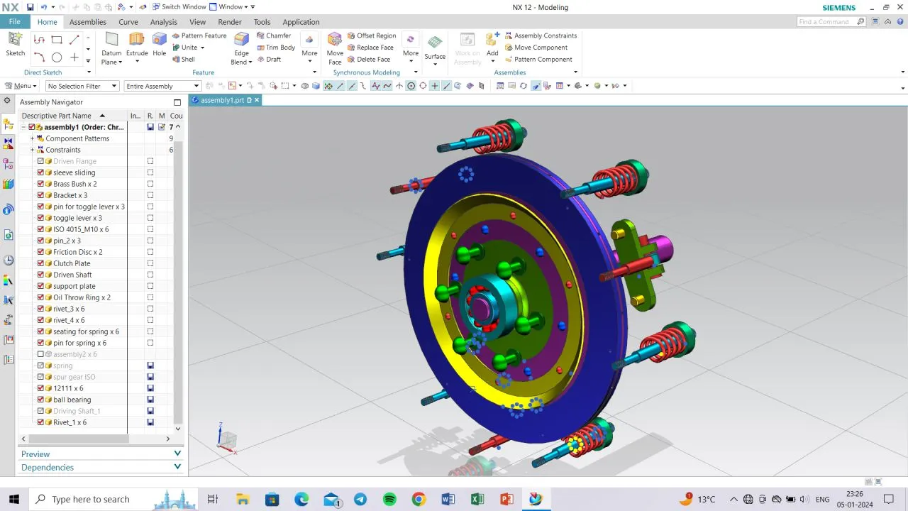 Isometric view — driven flange, spur gear, and shaft assembly