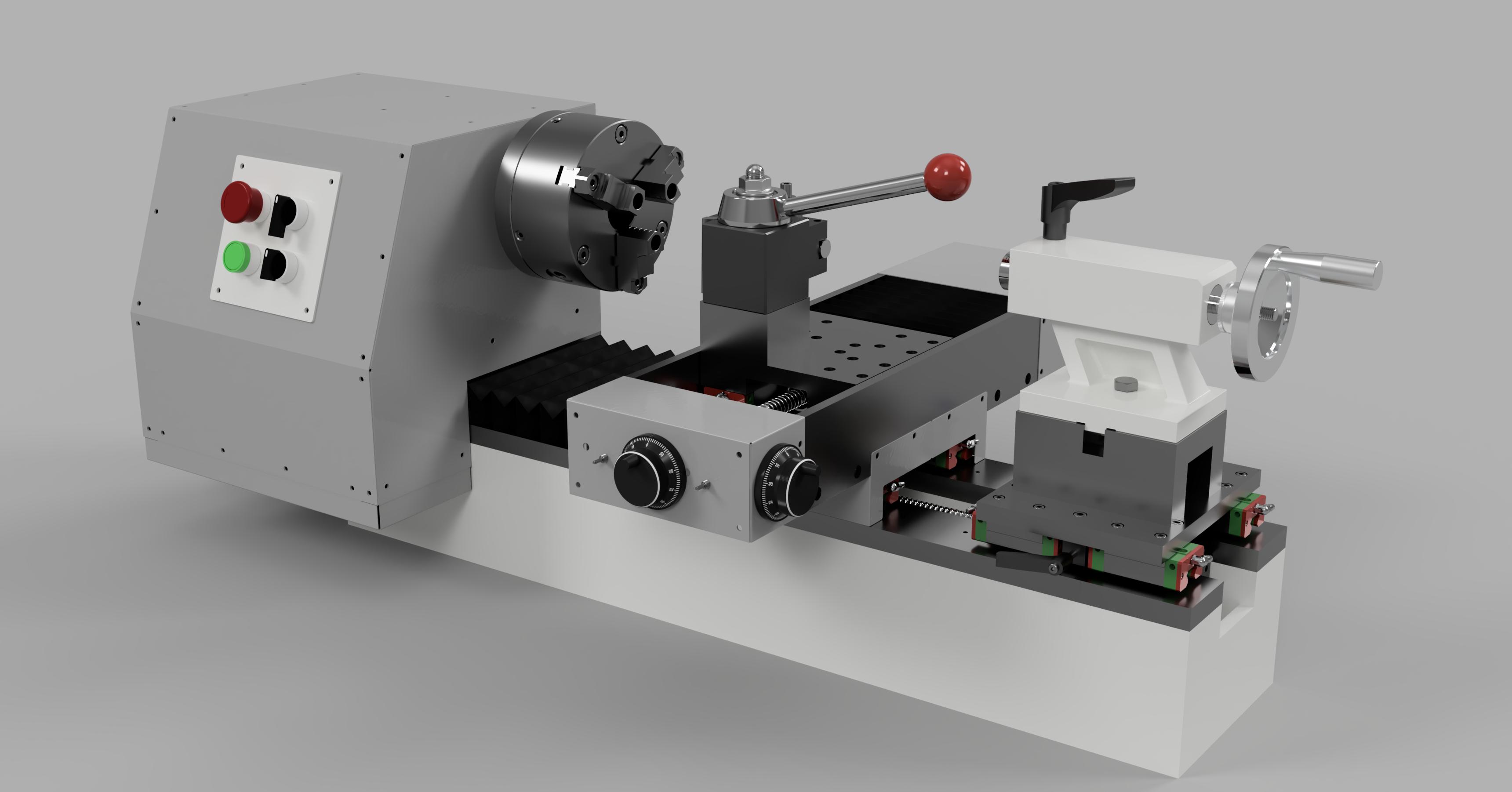 CAD assembly — headstock, chuck, and cross-slide