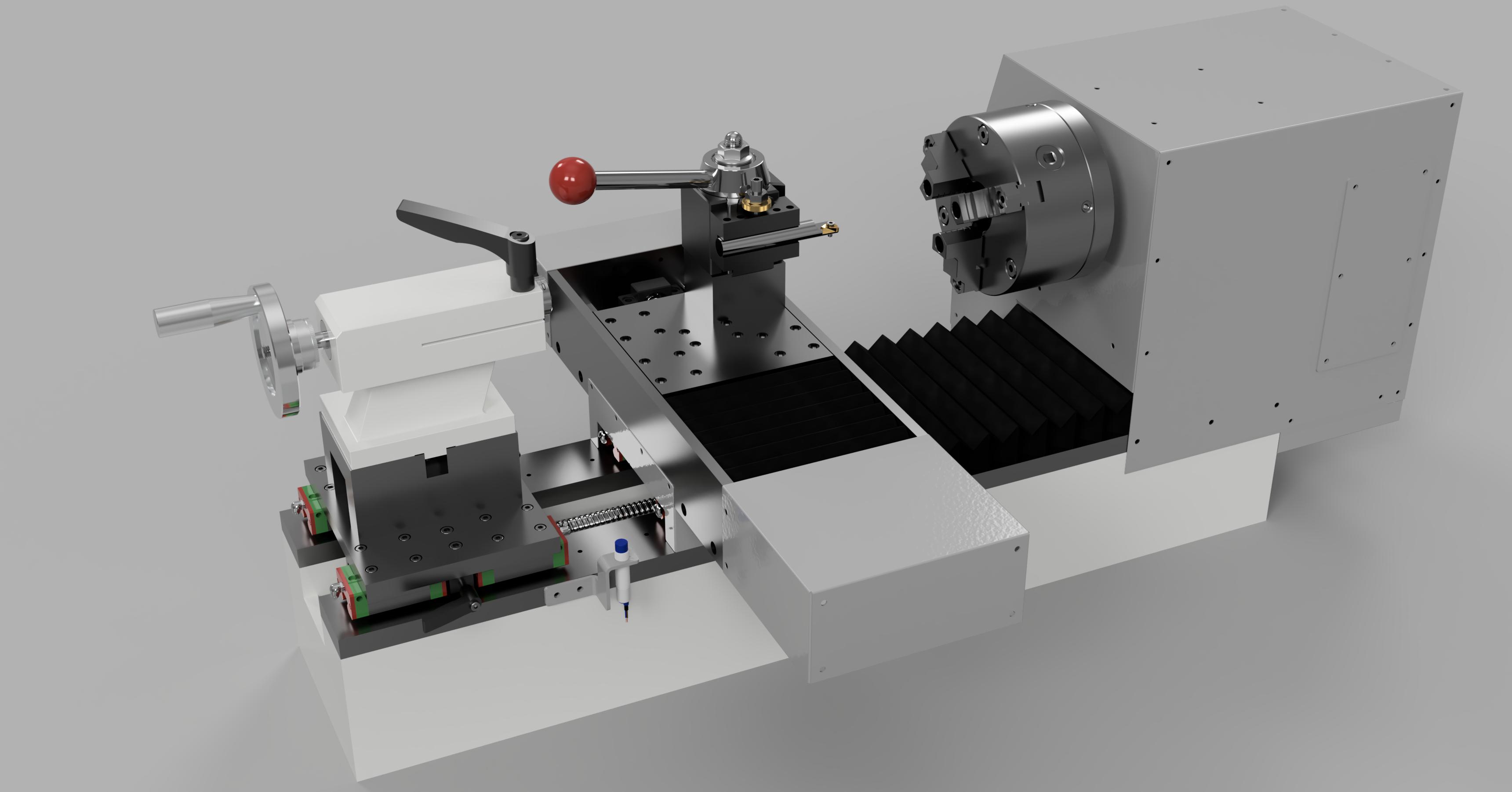 CAD assembly — tailstock and bed, viewed from the opposite side