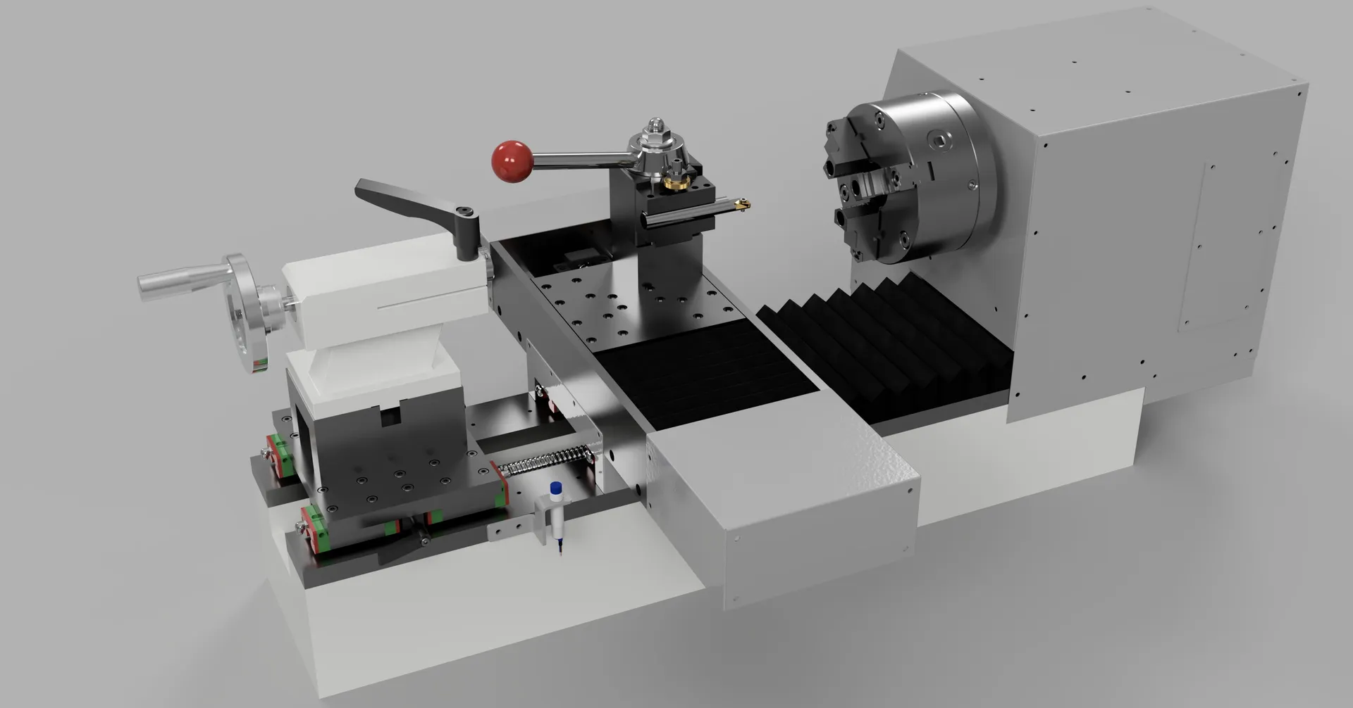 CAD assembly — tailstock and bed, viewed from the opposite side