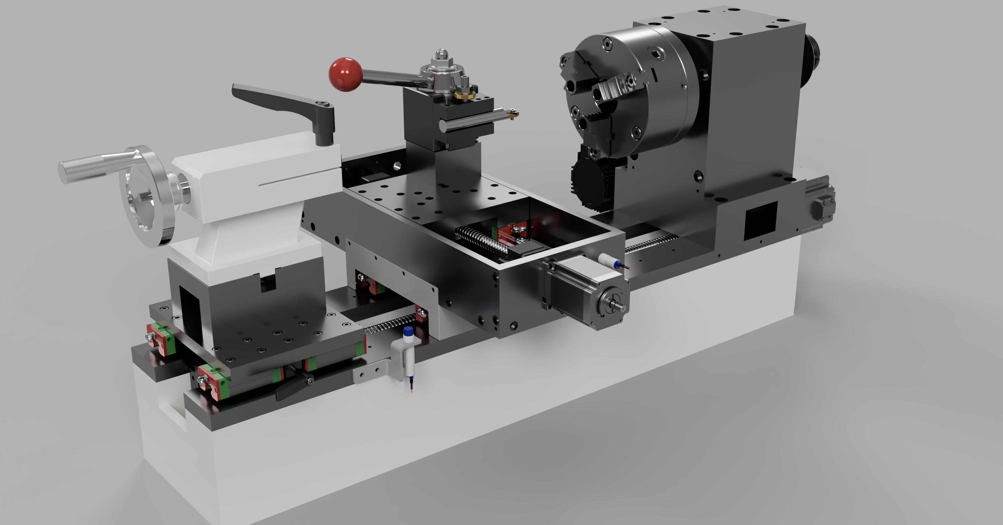 Carriage and tool post, with the spindle drivetrain in the background