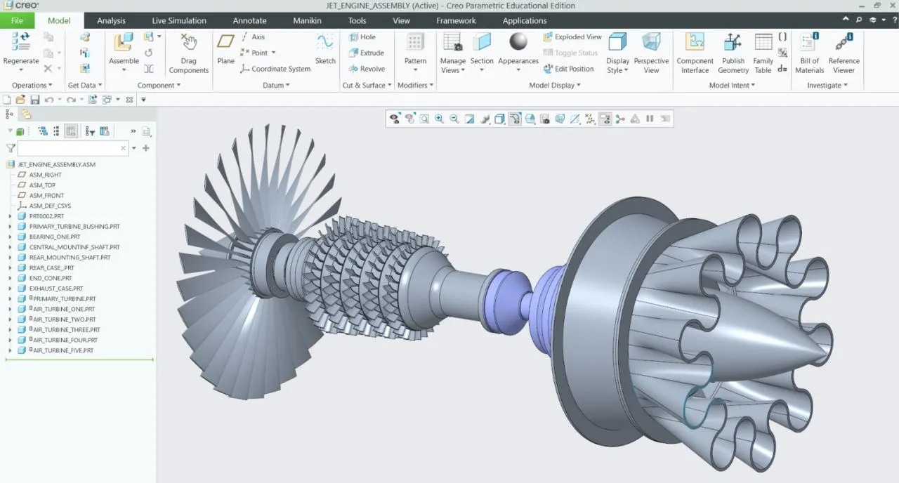 Exploded view — turbine rotor, shaft, and exhaust nozzle cluster