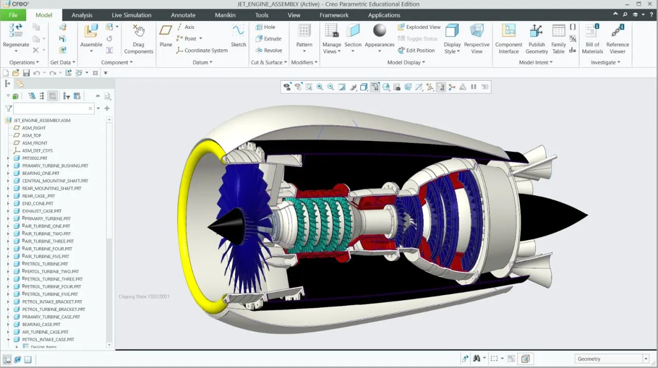 Sectioned assembly — internal turbine stage layout