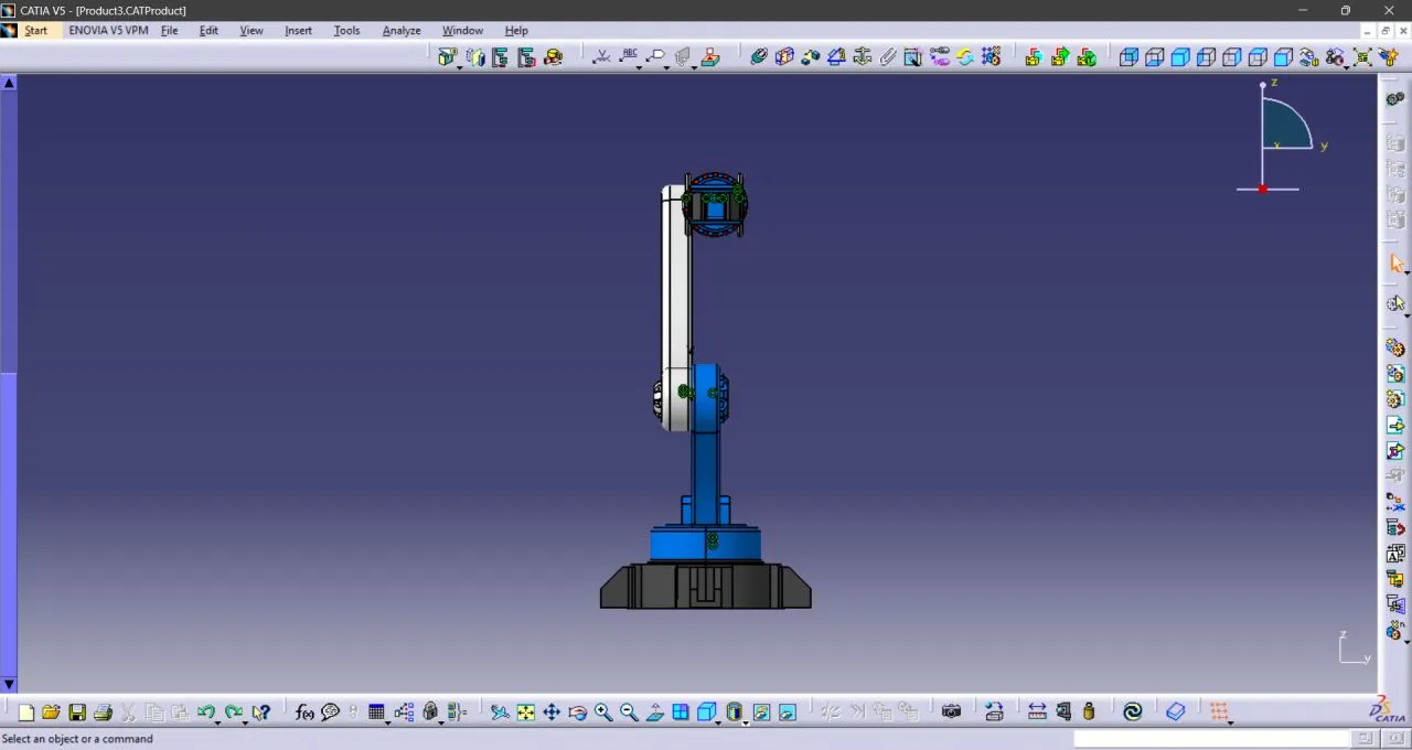 Front elevation — base, arm, and wrist assembly